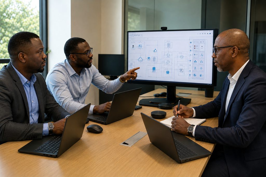 AITEK engineers reviewing an architecture diagram.