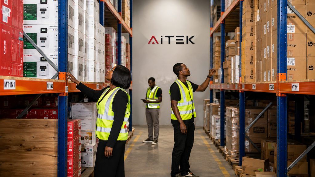 Allée de l'entrepôt AITEK avec des équipements stockés sur rayonnages.