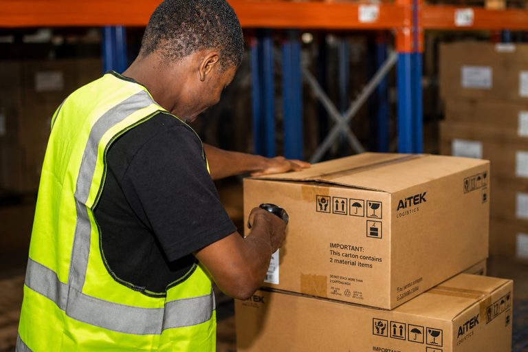 Preparing a shipment in the logistics area.